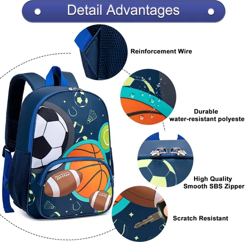 Vista 5 de BTOOP Mochila escolar para niños, mochila escolar para preescolar y jardín de infantes con unicornio con clip para el pecho, Sportball-azul marino