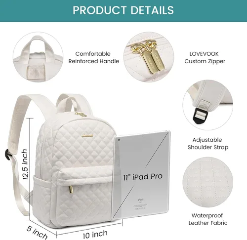 Vista 5 de LOVEVOOK Mochila pequeña acolchada para mujer, mochila de cuero, impermeable, para viajes de trabajo, Beige, Compacto