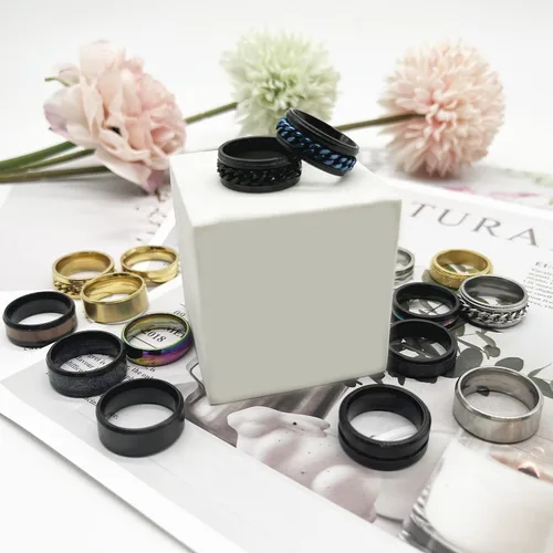 Vista 6 de Svovin Juego de 16 anillos giratorios de acero inoxidable para hombres y mujeres, cadena sencilla y fresca, con incrustaciones, antiansiedad