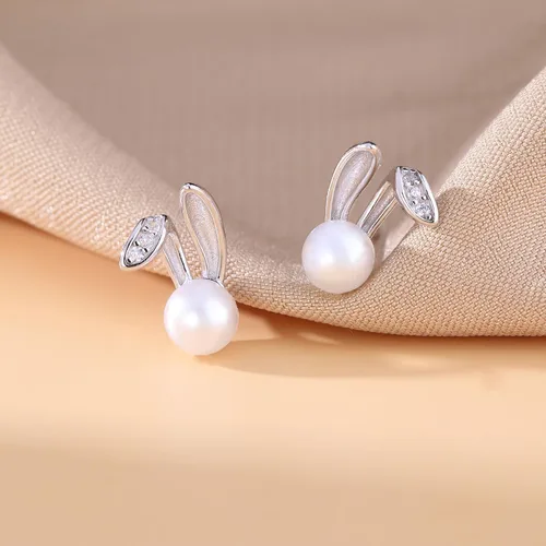Vista 6 de SLUYNZ 925 Sterling Silver Easter Rabbit Bunny Studs Earrings for Women Teen Girls Pearl Rabbit Earrings Studs A-Plata