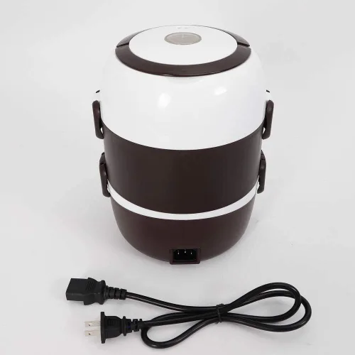 Vista 3 de Fiambrera eléctrica para arrocera, 3 capas, 2 L, calentador de alimentos de arroz portátil con estante para vapor, vaporizador de alimentos de acero