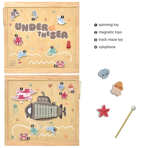 Vista 11 de Corralito de madera extragrande para niños pequeños y bebés - Diseño de juguete con tema Bajo el Mar - (8/10) Paneles de madera - Corralito plegable