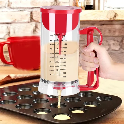 Vista 2 de Keenso Dispensador eléctrico de masa para panqueques, dosificador mezclador de capacidad de 40.6 fl oz para hornear cupcakes, magdalenas