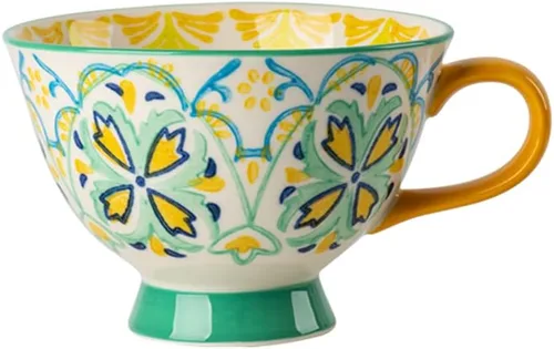Vista 10 de Tazas de café de cerámica de gran capacidad pintadas a mano con patrón floral – Tazas jumbo, té, leche, cereales, taza de desayuno, juego de 4 – 14