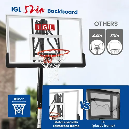 Vista 4 de IGL Aro de Baloncesto para Exteriores con Tablero Irrompible de 52 Pulgadas, Aro de Baloncesto Portátil para Exteriores de 10 Pies de Altura