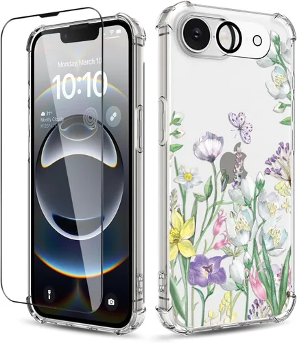 Vista 18 de Funda para iPhone 14, [3 en 1] con protector de pantalla y protector de lente de cámara, diseño de patrón de flores, transparente, suave, a prueba