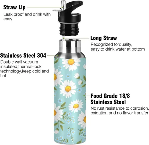 Vista 3 de Daisies - Botella de agua de acero inoxidable aislada al vacío con diseño de flores amarillas y azules, botella de agua deportiva de 32 onzas sin