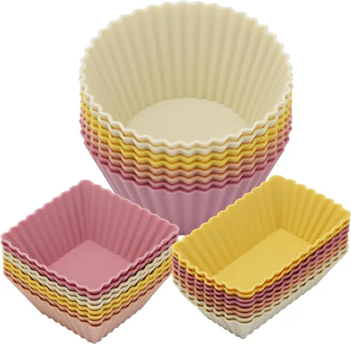 Vista 7 de Paquete de 24 moldes de silicona para magdalenas, moldes reutilizables para cupcakes para hornear, divisores Bento de 3 formas para lonchera Colorido