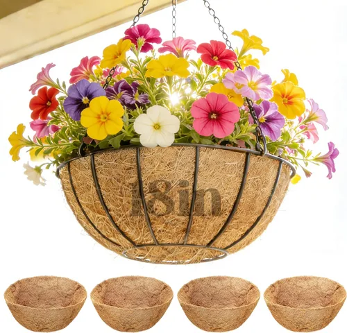 Vista 8 de ANPHSIN 4 forros de coco de 12 pulgadas para macetas colgantes, hechas de fibra de coco 100% natural, forro redondo grueso transpirable para porche