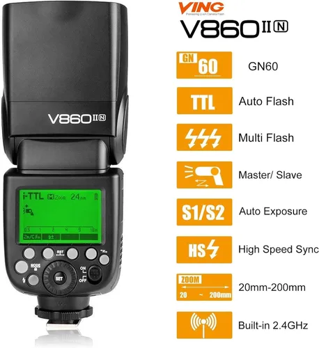 Vista 2 de Godox V860II-N TTL Flash para Nikon, GN60 2.4G inalámbrico 1/8000s HSS Batería de iones de litio de 11.1 V 2000 mAh, aproximadamente 650 destellos