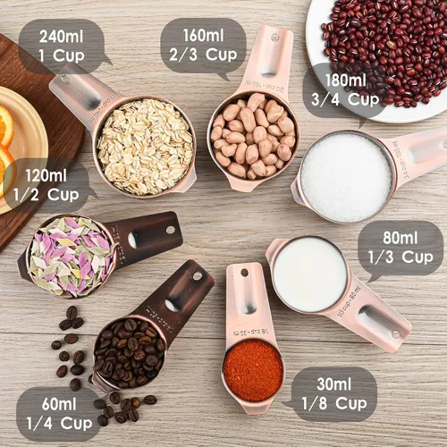 Vista 8 de Juego de tazas y cucharas medidoras de cobre, juego de tazas y cucharas medidoras de acero inoxidable, taza métrica y estadounidense 7 medida y 9