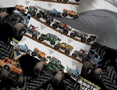 Vista 6 de Jay franco Juego de ropa de cama Queen de 5 piezas de Monster Jam Tracks incluye edredón y sábanas con Grave Digger y Megalodon de microfibra suave