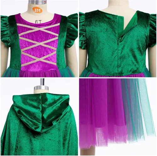 Vista 6 de FYMNSI Kids Girls Witch Costume Witch Sisters Dress Cape Cloak Wigs Halloween Cosplay Outfit Fancy Dress up Witch Dresses