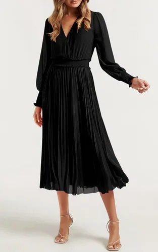 Vista 2 de PRETTYGARDEN Vestidos cruzados con cuello en V para mujer, para invitados de boda, casual, plisado, manga larga, vestido largo fruncido con volantes