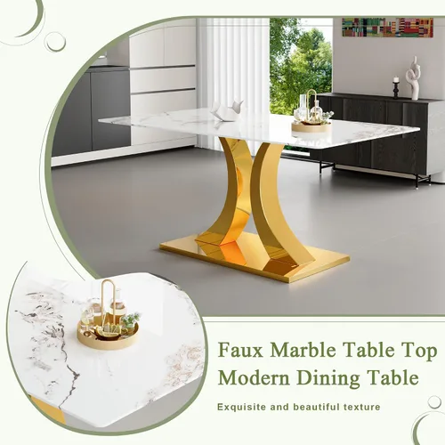 Vista 5 de Juego de mesa de comedor de mármol para 4, moderna mesa de oro blanco de 63 pulgadas con patas de marco de forma intercambiable y sillas de comedor