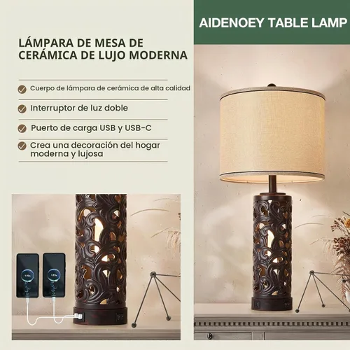 Vista 5 de AIDENOEY Juego de 2 lámparas de mesa con luz nocturna, lámpara de mesa de granja de 28 pulgadas con puertos USB A+C, lámpara de noche de cerámica