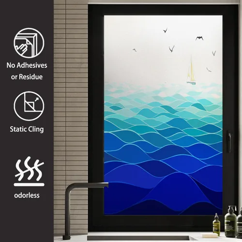 Vista 3 de Película decorativa de privacidad para ventana, control de calor, bloqueo solar, protección UV, diseño abstracto oceánico, adherencia estática Azul