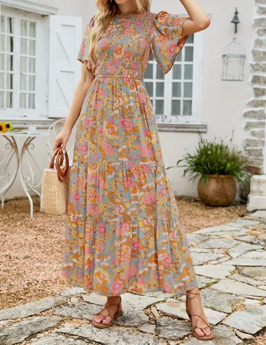 Vista 9 de ZESICA Vestido largo casual de verano para mujer, con estampado floral, manga corta con vuelo, cuello redondo, cintura alta fruncida