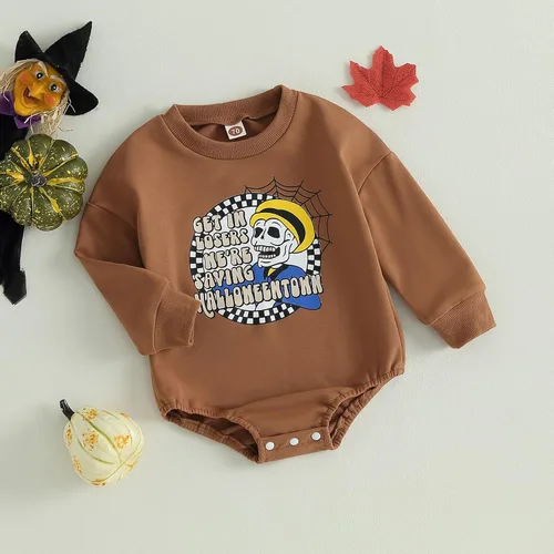 Vista 2 de Shejingb Ropa de bebé de Halloween para niñas y niños, sudadera con cuello redondo, enterizo divertido con letras impresas, enterizo de burbujas