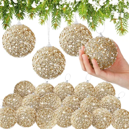 Vista 18 de Lyrow 24 piezas 3.15" Juego de adornos de bola de Navidad con purpurina, bola de espuma con lentejuelas colgante, decorativa, en masa, para árbol