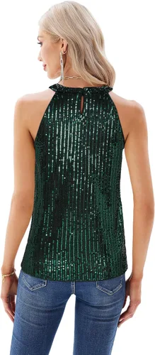 Vista 3 de GRACE KARIN Camisetas halter de lentejuelas para mujer, sin mangas, brillantes, fruncidas, fluidas, brillantes, para club, camisa de fiesta