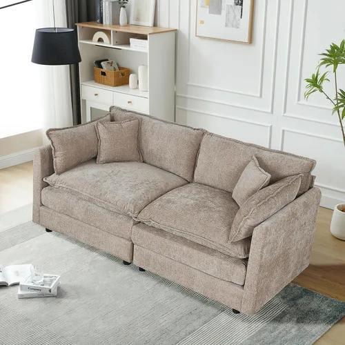 Vista 60 de Setawix Sofá Profundo de 3 Plazas con Otomana, Sofás de Nube en Forma de L de 112.2" para Sala de Estar, Sofá de Nube de Chenilla con Asiento Café