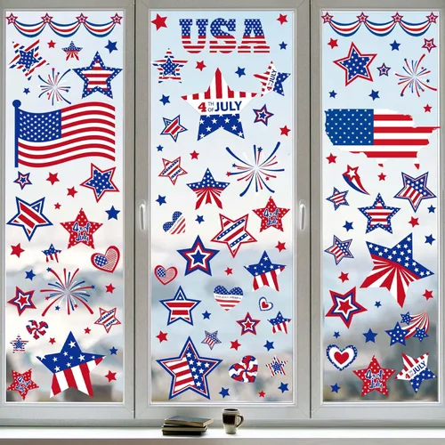 Vista 4 de Decoraciones patrióticas para ventanas del 4 de julio, 9 hojas de calcomanías de ventana de bandera estadounidense para ventanas de vidrio