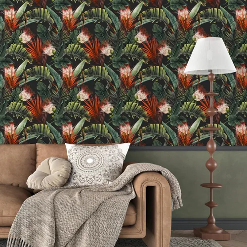 Vista 2 de Papel tapiz tropical oscuro para despegar y pegar, papel de contacto vintage de hoja de plátano, papel tapiz de selva mojado, papel tapiz de hojas
