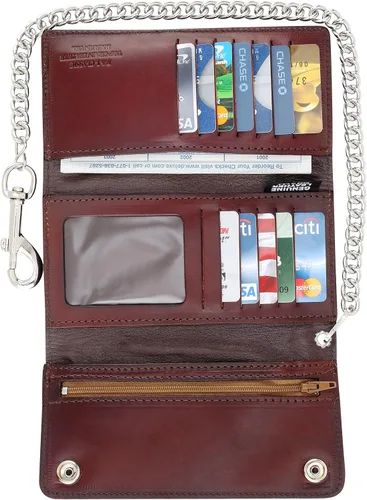 Vista 6 de RFID bloqueo de tres pliegues vintage de cuero de vaca de estilo largo con cadena tarjetero cartera, hecho en Estados Unidos