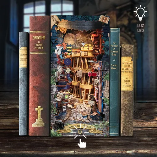 Vista 2 de Kit de rincón de libros mágico - Kit de casa de muñecas en miniatura DIY para adultos y adolescentes, rompecabezas de madera 3D para estantería