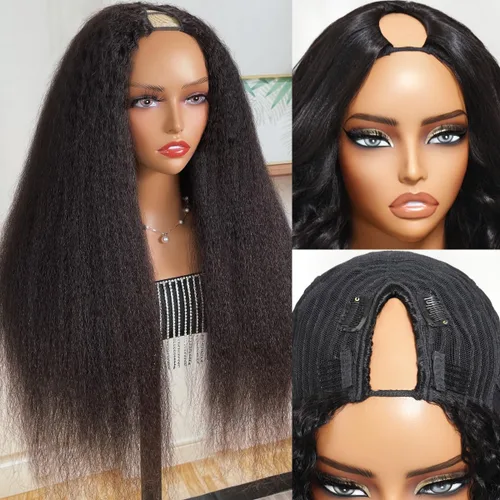 Vista 3 de UNICE - Peluca de cabello humano lacio tipo afro con parte en V, sin pegamento, con parte en U mejorada, con pinzas de máquina, sin mechones fuera