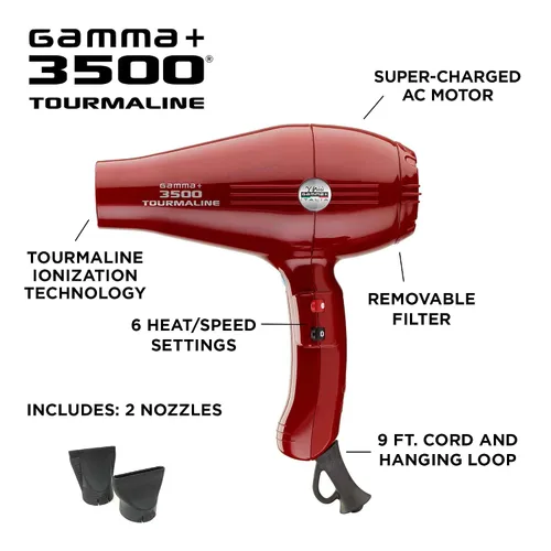 Vista 2 de GAMMA+ 3500 - Secador de pelo iónico de turmalina profesional, 2 boquillas, 6 ajustes de calor, rojo