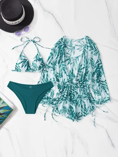 Vista 3 de MakeMeChic Traje de baño de 3 piezas para mujer, diseño de triángulo, corte alto, bikini de malla transparente