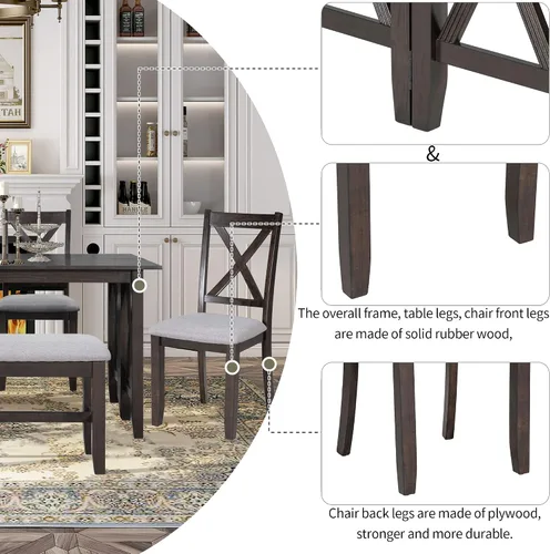 Vista 176 de Juego de mesa de comedor vintage de 6 piezas, juego de mesa de comedor de cocina de madera maciza con 4 sillas ergonómicas acolchadas y banco, mesa