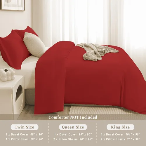 Vista 7 de Juego de funda de edredón 100% algodón, cierre de cremallera oculto, ultra suave, fácil de cuidar y duradero, estilo de cama simple, Queen, rojo
