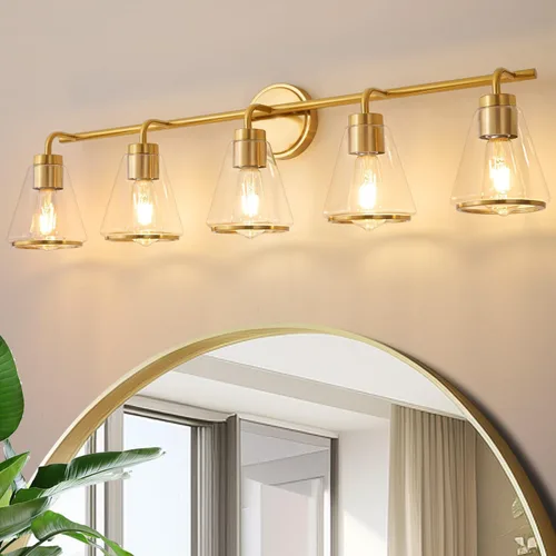 Vista 14 de Accesorios de iluminación de baño sobre espejo Luces de tocador doradas de 2 luces con pantalla de vidrio transparente de 14 pulgadas Luces