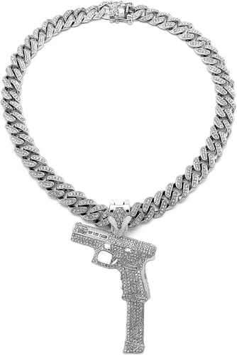 Vista 5 de Pyramid Jeweler Colgante de pistola de oro o plata para hombre Hip Hop y cadena de gargantilla cubana de Miami de 0.472in, Metal, Circonia cúbica