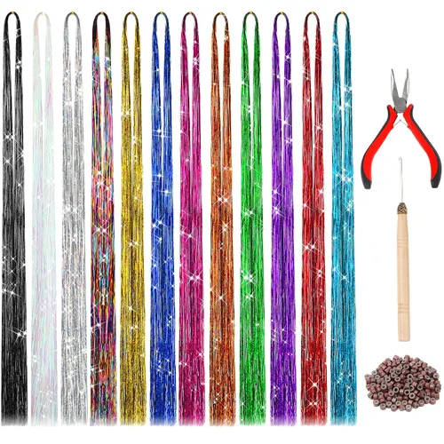 Vista 10 de FEBSNOW Tinsel Hair Extension, 47 Inch Glitter Rainbow Strands with Tool Multi 12 colores-1