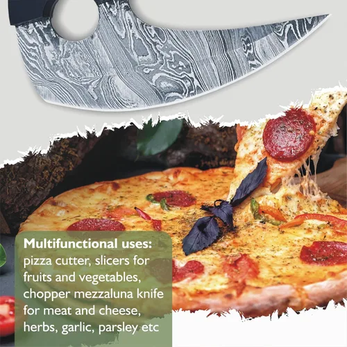 Vista 5 de Damascus Steel Alaskan Ulu con funda, cortador de pizza perfecto de 5.8 pulgadas, picador Mezzaluna para cocina, auténtico diseño esquimal inuit