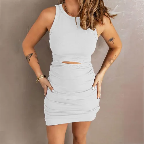 Vista 2 de LFEOOST Vestidos sexys para mujer, casual, de verano, sin mangas, cuello redondo, vestido de tirantes liso, fruncido, entallado, falda cruzada