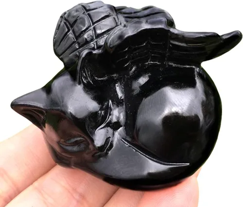 Vista 10 de Figura de gato de obsidiana negra de 2.2 pulgadas, diseño de gato negro, decoración del hogar, piedra natural, estatua de animal, cristales