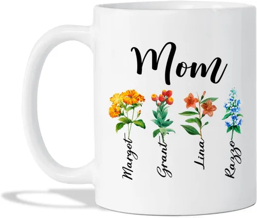 Vista 8 de Taza de café con nombre personalizado "Best Mom Ever", regalos para cumpleaños, regalos de niños, taza de café floral personalizada, regalo