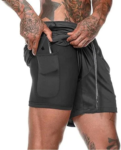 Vista 2 de CYF Pantalones cortos de correr 2 en 1 para hombre con bolsillos de secado rápido transpirables para entrenamiento de gimnasio activo