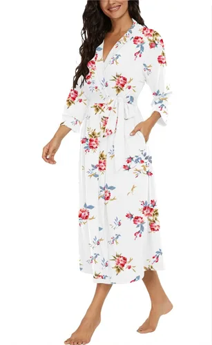 Vista 2 de VINTATRE Bata tipo kimono para mujer, bata larga de punto, ligera, suave, ropa de dormir con cuello en V, casual, ropa de descanso para mujer