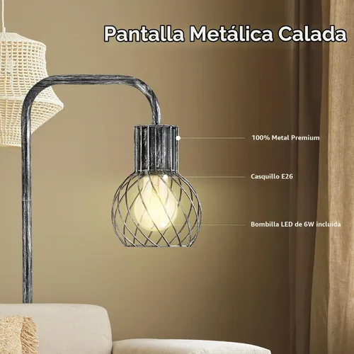 Vista 4 de Lámpara de pie industrial, lámpara de pie plateada antigua moderna con bombilla LED de 6 W, interruptor de pie, lámparas altas de metal para sala