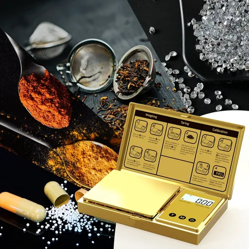 Vista 5 de Báscula digital Gram 7.05 oz x 0.00 oz, báscula de bolsillo chapada en titanio dorado con pantalla LCD retroiluminada, 6 unidades, tara, apagado