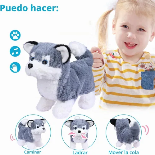Vista 3 de WorWoder Cachorro de peluche de Alaska, perro electrónico interactivo para mascotas, caminar, ladrar, mover la cola, estirar, animal de compañía