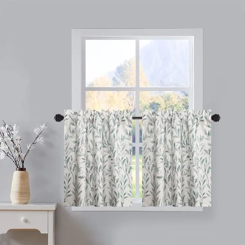 Vista 15 de VOGOL Cortinas con estampado de pájaros campestres, 30 x 24 pulgadas, 2 paneles, beige Linen Look Texture, Decorative Small Window Treatment