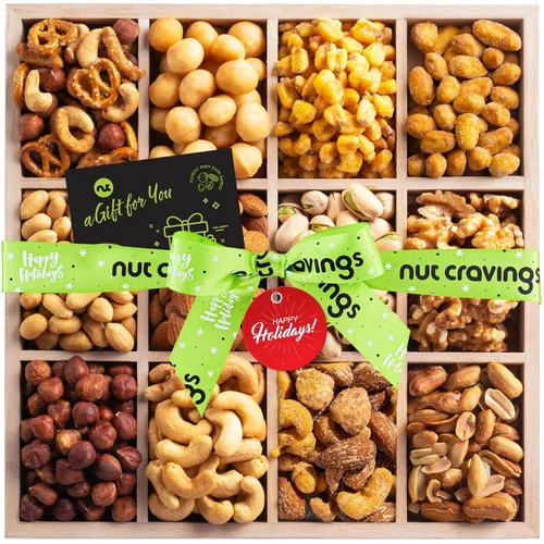 Vista 13 de NUT CRAVINGS - Cesta de regalo de nueces mixtas en bandeja de madera de diamante reutilizable + cinta verde (12 surtidos) golosinas para adultos