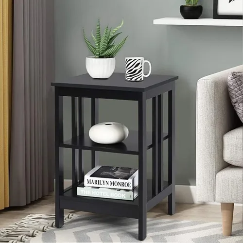 Vista 8 de Mesa auxiliar con estante de almacenamiento de 3 niveles para sala de estar, dormitorio, marco de madera estable, fácil montaje (negro, 1 unidad)